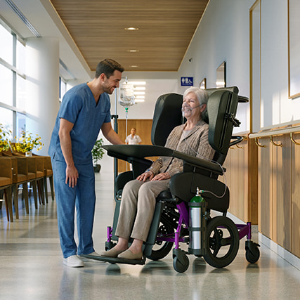 Rendered image of a caregiver and a patient in the hallway of a care facility