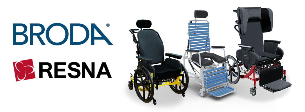 Broda logo and RESNA logo with three wheelchairs side-by-side