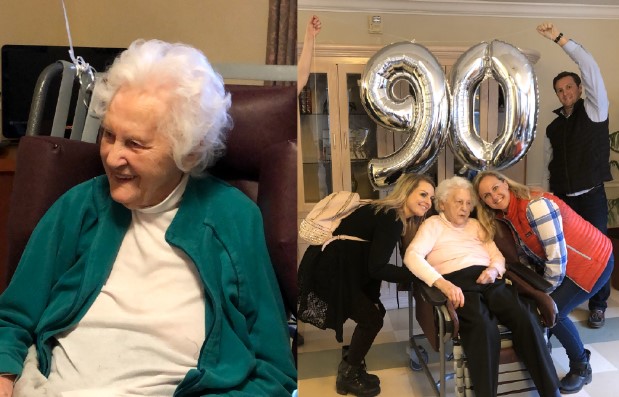 Rosetta Hoffmeyer and her grandchildren celebrate her 90th birthday