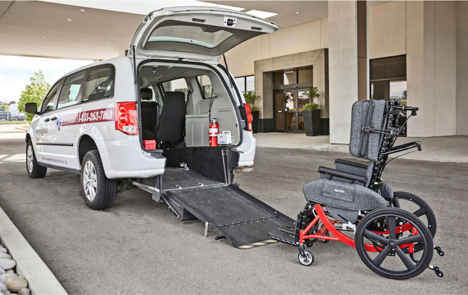 Transport Wheelchair Ready to be Rolled Into the Back of a Transport Van