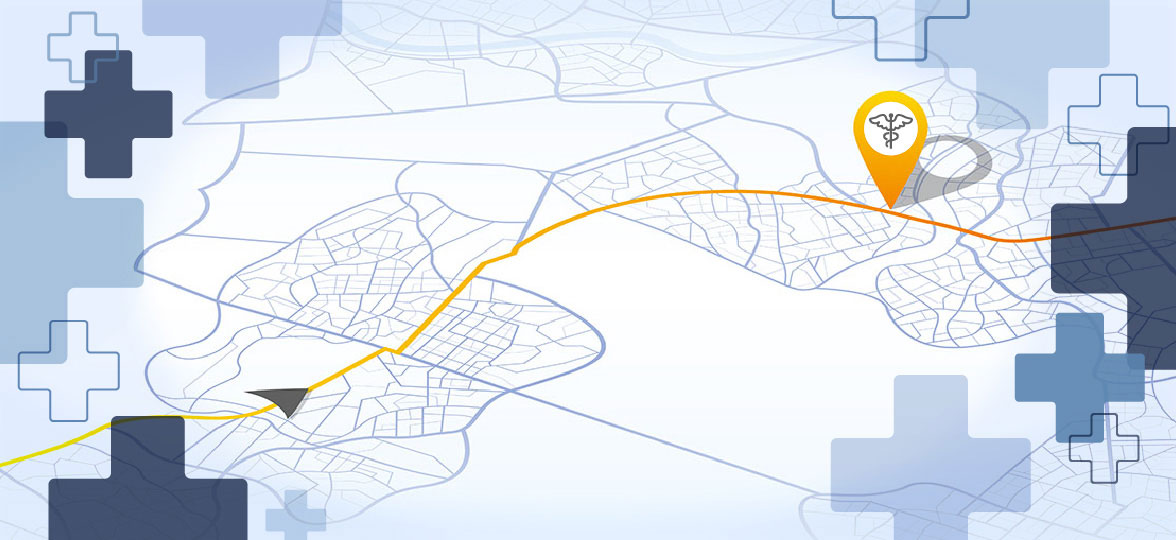 Illustrated map with a medical destination pin, symbolizing non-emergency medical transportation services.