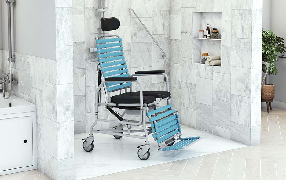 A Revive wheelchair in facility shower setting