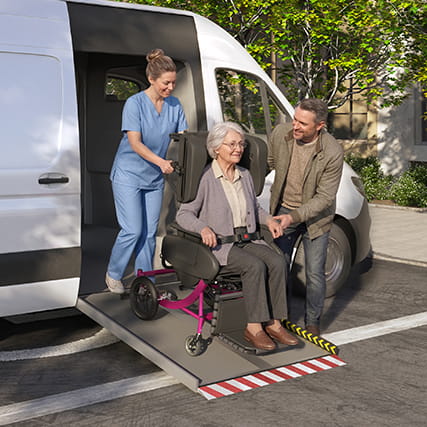 Rendered image of an NEMT operator and patient on the lift of an NEMT vehicle