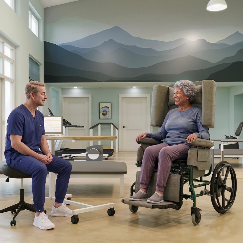 Elderly woman in an Elite Rehab wheelchair while in a discussion with a caregiver