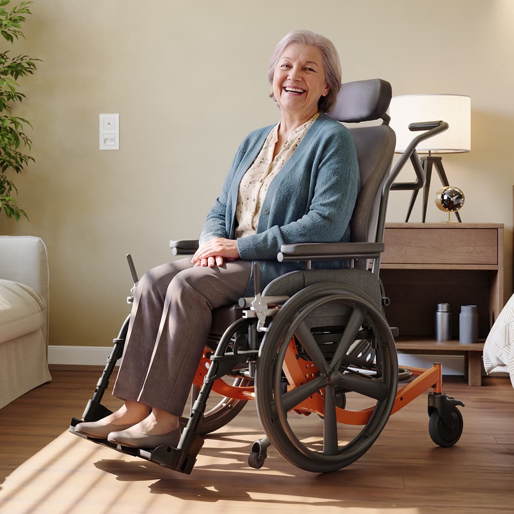 Older woman smiling while seated in an Encore Rehab wheelchair