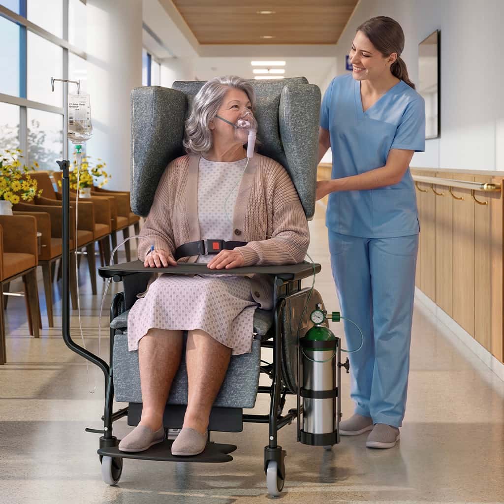Senior woman and a care giver in a hallway