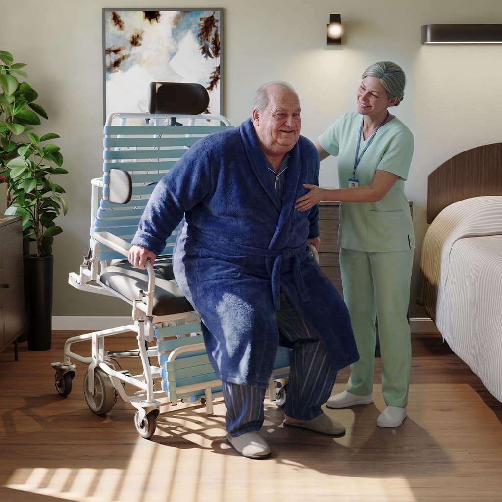 Caregiver helping a senior man into a shower chair