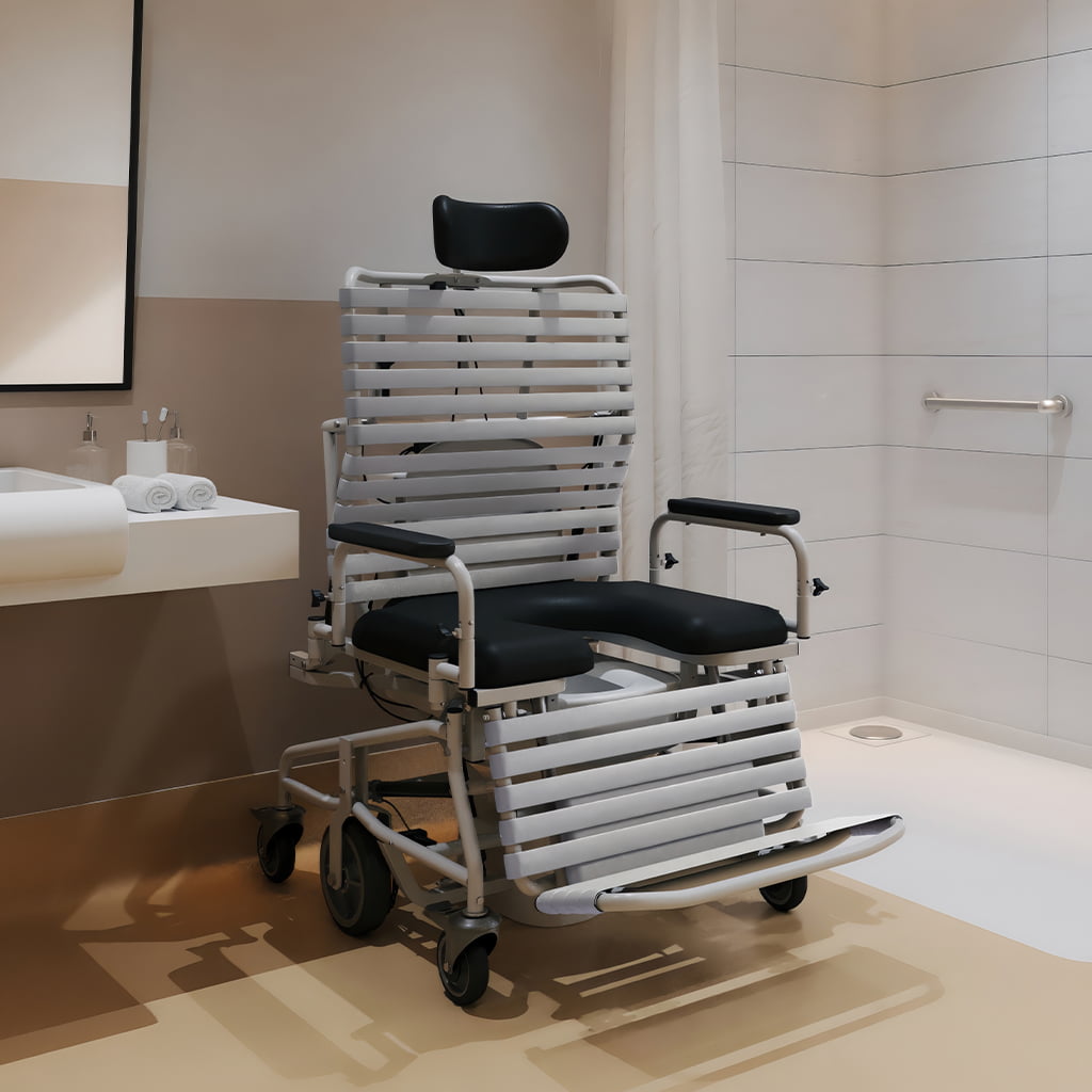 Shower chair in place in a restroom