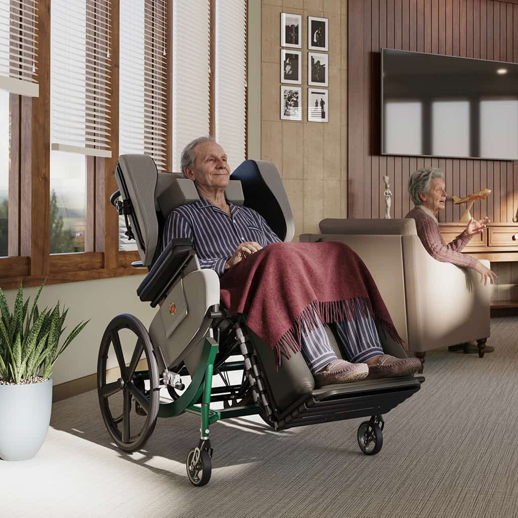 Senior man relaxed in a Synthesis Positioning wheelchair
