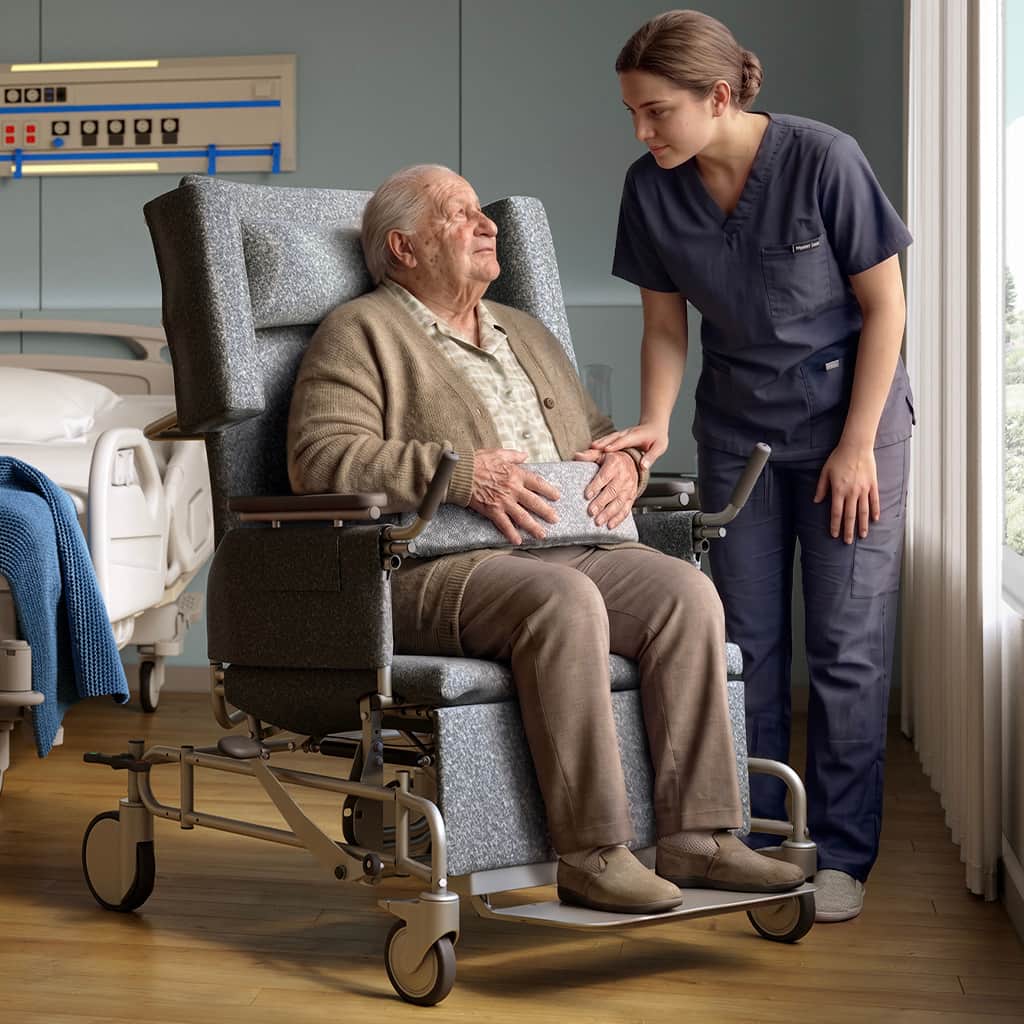 Senior man in a wheelchair looking up at a caregiver